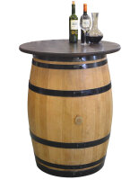 Weinfass als Stehtisch mit Tischplatte - geschliffen, lackiert, schwarze Ringe Durchmesser: 80 cm, Tischplatte: Nussbaum