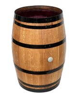 225l Weinfass geöffnet als Regenfass - geschliffen und geölt mit schwarzen Ringen Wasserhahn: Ohne Wasserhahn, Lieferumfang: ohne Deckel